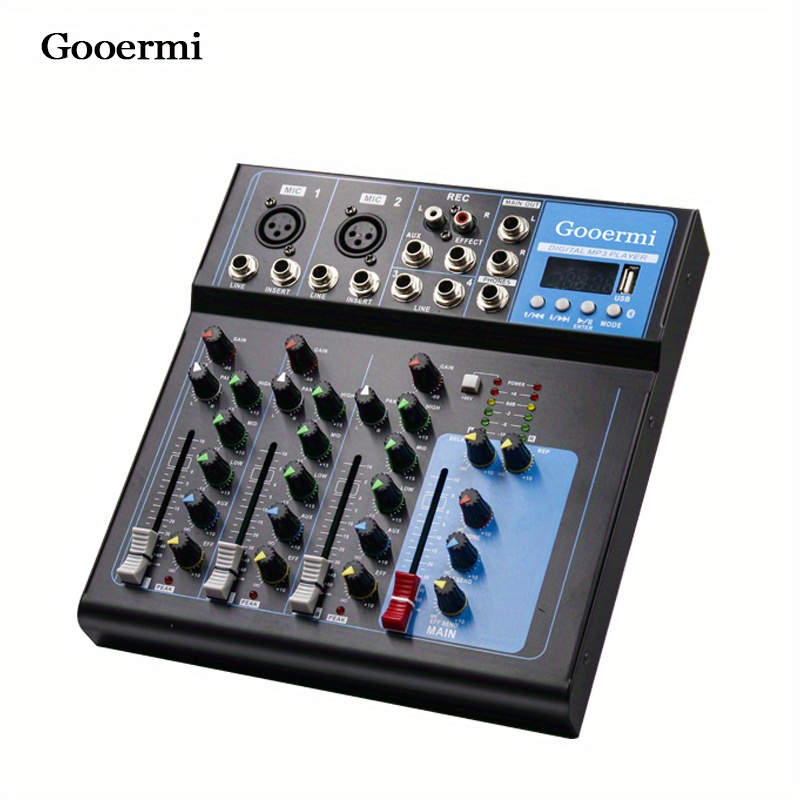 Gooermi F4 alta calidad 4 canales estudio en vivo estéreo Audio mezclador de diente azul mezclador en vivo para transmisión en vivo, equipo de grabación