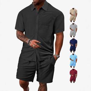 Conjunto de camisa de manga corta con botones y pantalones cortos casuales de verano para hombre, transpirable, de color sólido, tela jacquard, ropa informal. - Product Image 6