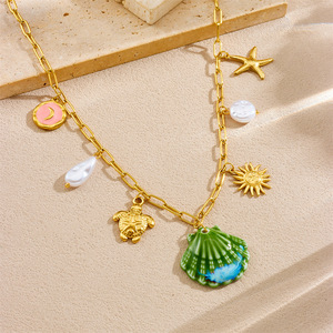 Themed Pendants Necklace Stainless Steel Beach Style Seashell Sea Turtle Seahorse Starfish Sun Charm Party Jewelry - Product Image 4