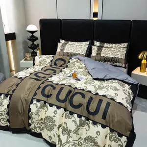 Washed Tencel Brand New Luxury Letter Floral Bedding Sets Queen King Size Silk-like European Style Duvet Cover Sets 4-in-1
