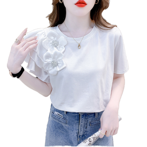 S-2XL Women's Casual Breathable Eco-Friendly Loose Fit <b>Bow</b> Collar Ruffled Short Sleeve Solid Color Worsted Fabric Garment Dyed - Product Image 2