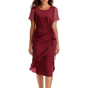 Vestido Midi de Gasa con Volantes para Mujer, Manga Corta, Vestido Formal para Invitadas de Boda y Eventos Nocturnos, Vestidos de Moda - Product Image 1