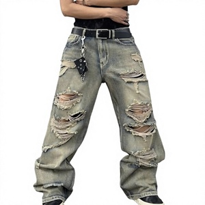 Pantalones Vaqueros Anchos para Hombre, Estilo Desgastado, Corte Holgado, Cintura Alta, Rotos, Estilo Urbano, de Algodón, para Otoño - Product Image 1