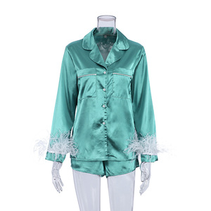 Women Two Piece Feather Sleeve Button up Top and Shorts Pajamas Set <strong>Casual</strong> <strong>Home</strong> <strong>Wear</strong> Sleepwear Soft Satin Women Pajama - Product Image 5
