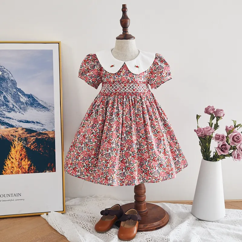 Bambini smocking vestiti di alta qualità delle ragazze del partito di usura floreale del bambino smocked abiti