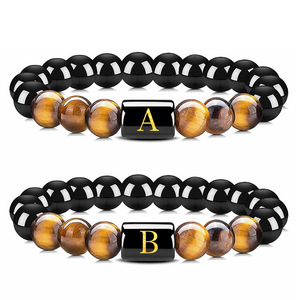Gelang Manik-manik Mata Harimau & Obsidian Alami A-Z Desain Tali Elastis Bentuk Huruf Perhiasan Pernikahan Modis Pria Wanita - Product Image 1