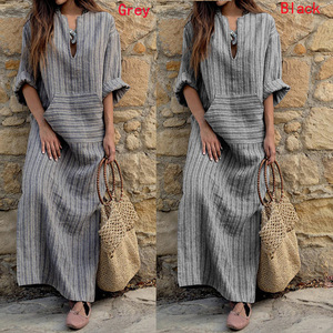 2025 nouvelle <span class=keywords><strong>robe</strong></span> longue ample rayée en fil de coton et de <span class=keywords><strong>lin</strong></span> teint pour femmes avec poche - Product Image 3