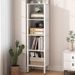 Scaffale per libri stretto a 5 livelli, libreria sottile a 4 cubi in legno, mensola per esposizione aperta Skinny per piccoli spazi, angolo, soggiorno - Product Image 1