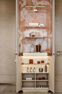 Modern Bar Cabinet with Marble Top and Brass Accents, Freestanding Storage <b>Unit</b> with Illuminated <b>Shelves</b> and Slab Doors - Product Image 5