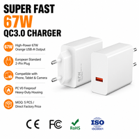 Chargeur mural USB-A à port unique 67W max QC3.0 100-240V, versions prises EU/US, blanc, impression laser, OEM/ODM, approvisionnement en gros