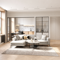 Meubles de cuisine modulaires modernes sans poignées bicolores, finition chêne naturel veiné, laque blanc cassé mat, verre cannelé Calacatta, OEM ODM