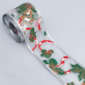 Pita Organza Berbahan Kawat dengan Cetakan Foil Natal, Pinggiran Emas Perak, untuk Dekorasi Pohon Natal, Kotak Hadiah, dan Pembuatan Pita Dekoratif - Product Image 6