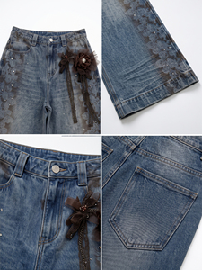 Anjie – Jeans baroque pour femme avec logo personnalisé, OEM, ODM, imprimé dentelle, corsage <span class=keywords><strong>rose</strong></span>, strass, marque privée, coupe large, denim haute couture, vente en gros - Product Image 2