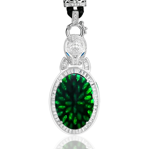 Natural <b>emerald</b> A-grade jadeite leopard head large oval <b>pendant</b> with transparent green jade. Made of S925 silver. - Product Image 3