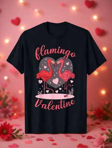 T-Shirt da Uomo con Stampa Fenicottero per San Valentino, Nera, 200gsm Cotone, Casual, Collo Tondo, Manica Corta, Design Stampato per Festa di San Valentino - Product Image 2