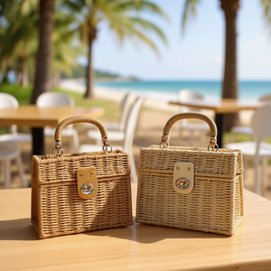 Borsa rigida quadrata in paglia intrecciata 14,7x8x19,5 cm, custodia per telefono portatile - Product Image 2