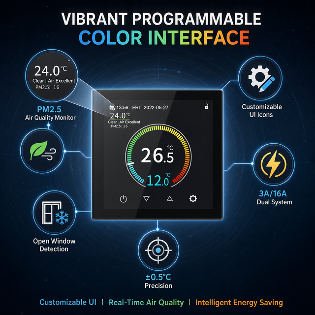 2.8" TFT Color Touch Smart WiFi Thermostat for Underfloor Heating & Gas Boiler, Matter/Alexa/Google, 16A/3A - Hysen OEM/ODM