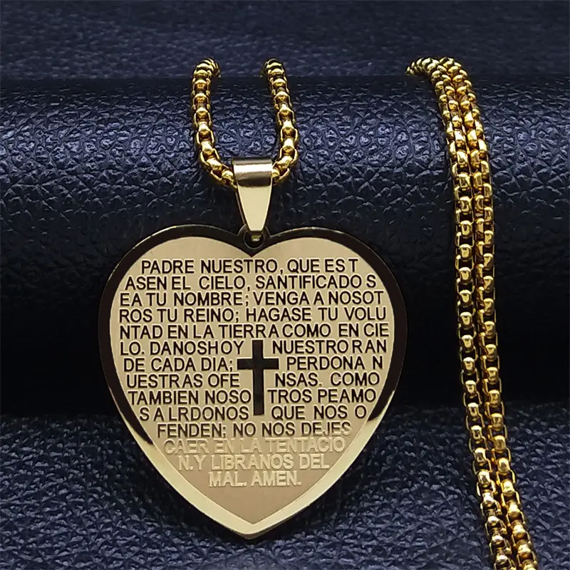 Католическая Священная Библия стая стих проекция Крест Сердце ожерелье из нержавеющей Стали Испанская религиозная цепь ювелирные изделия