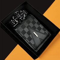 Set Jam Tangan Quartz Pria dan Dompet, Dial Hitam, Kronograf Dekoratif, Sub-dial, Jendela Tanggal, untuk Hadiah Bisnis Korporat