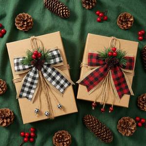 Handmade <b>Red</b> Black Checkered Burlap Rectangle Christmas Ribbon <b>Bows</b> Farmhouse Hanging Ornaments Wreath Front Door Holiday Party - Product Image 4