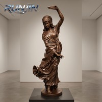 Danseuse classique féminine avec tambourin, robe fluide et bandeau, sculpture en bronze coulée pour galerie d'art intérieure