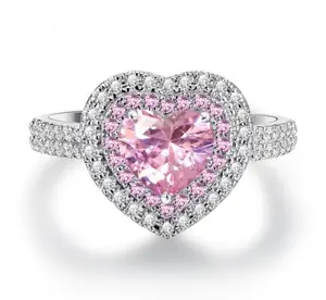 Luxury crystal ring plated platinum pink diamond heart ring ins fashion glamour ring for women