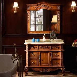 Meuble de salle de bain de style européen en chêne rouge antique, meuble-lavabo américain en bois <span class=keywords><strong>massif</strong></span> avec vasque en céramique et miroir - Product Image 2