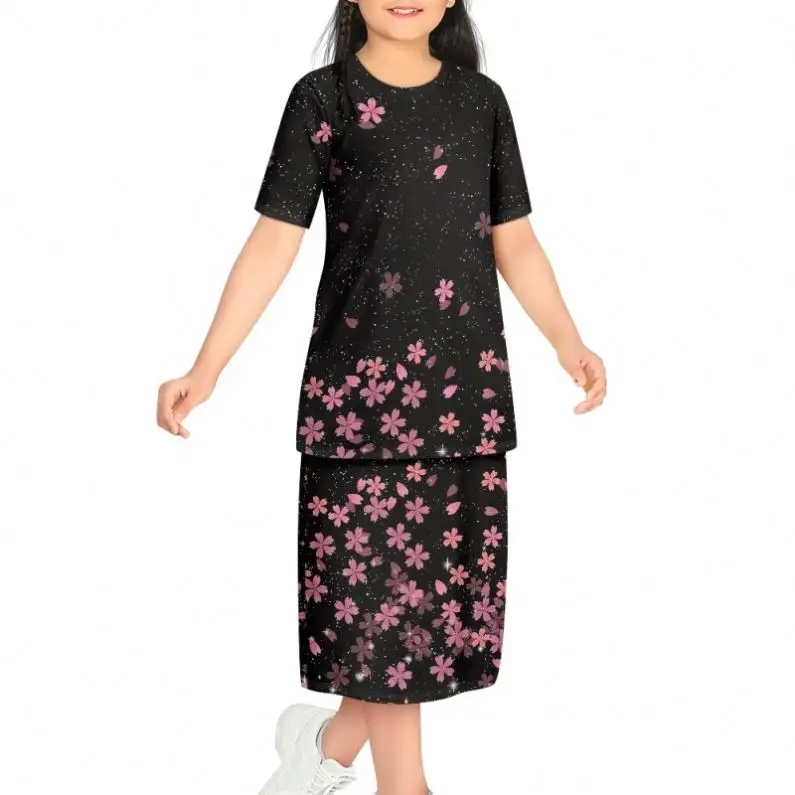 थोक कस्टम चेरी फूल लड़कियों की पोशाक, गर्दन के शीर्ष और स्कर्ट दो टुकड़े सेट बच्चे के लिए कपड़े ड्रॉपशीपिंग कपड़े