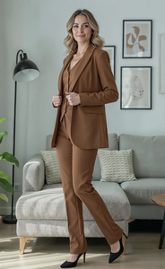 Costume pantalon 3 pièces marron pour femme, avec blazer, gilet et pantalon, ensemble élégant pour le bureau, tenue de travail formelle pour professionnelle - Product Image 2