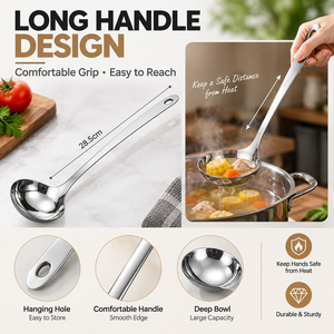 Cuchara de sopa de acero inoxidable con colador, mango largo, para cuencos profundos, olla caliente, cuchara para servir, utensilio de cocina - Product Image 3