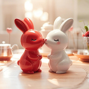 Ornements en céramique de Jingdezhen, Chine : Couple de lapins enlacés en porcelaine monoglaçurée, design pastoral, <span class=keywords><strong>cadeau</strong></span> mignon pour petite amie, décoration d'intérieur. - Product Image 3