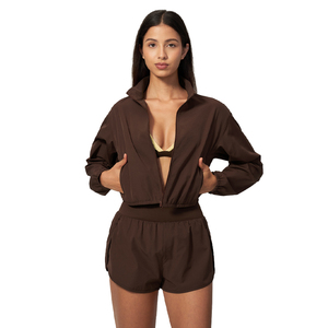 Abbigliamento Sportivo Femminile ad Asciugatura Rapida, Giacca Corta con Colletto Alto e Protezione Solare, Finta Due Pezzi con Tasche, <span class=keywords><strong>Pantaloncini</strong></span> da Yoga - Product Image 6
