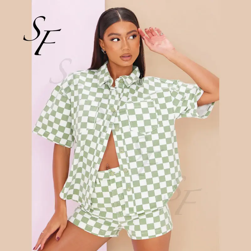 Custom summer casual plus size green check plaid drop shoulder oversize manica corta stampata camicia e pantaloncini in denim set 2 pezzi