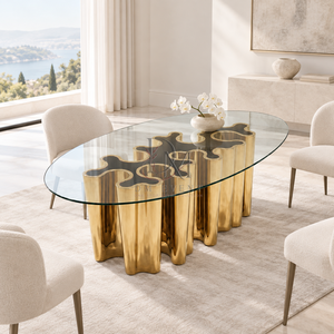 Mesa de Comedor Ovalada de Acero Inoxidable Dorado de Alta Gama con Cubierta de Vidrio Transparente y Base Escultural, Proveedor Mayorista para Eventos - Product Image 3