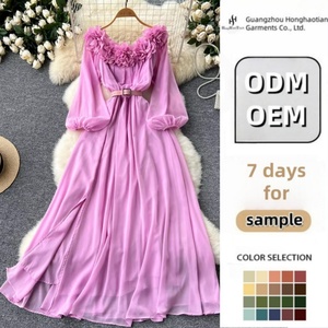 Abito a <span class=keywords><strong>balze</strong></span> personalizzato <span class=keywords><strong>con</strong></span> maniche a lanterna abito a pieghe dimagrante in vita da donna autunnale - Product Image 1