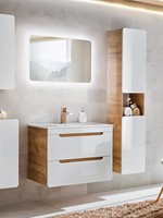Ensemble de meubles de salle de bain design moderne en bois blanc brillant avec miroir LED et rangement modulaire