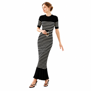 Vestido Maxi de Punto a Rayas para Mujer, Manga Corta, Cuello Redondo, Estilo Bodycon, Cintura Natural, Estilo Minimalista, para Todas las Temporadas - Product Image 1