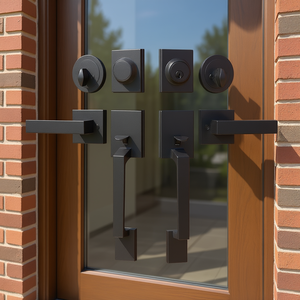 Ensemble de poignées de porte double, noir mat, levier carré réversible, extérieur, robuste, ensemble de serrures de porte - Product Image 2