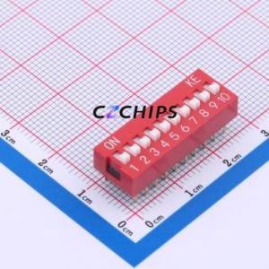 DSWB10LHGETR DIP Switch Switch Flat Toggle, Raised Type Single Pole Single Throw 10 PC Pin - Product Image 1