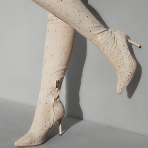 Bottes sexy beiges au-dessus du genou, bottes scintillantes à strass, bottes hautes à bout pointu, talons aiguilles, chaussures de soirée et de mariage pour femmes - Product Image 1