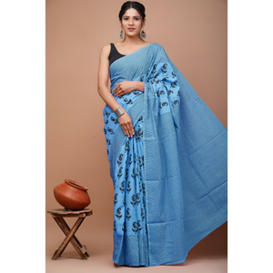 Sari de Algodón Mulmul Estampado con Blusa a Juego, Sari de Algodón Mulmul Ligero y Elegante - Cómodo para Uso Diario - Product Image 3