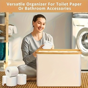 Panier de rangement pour rouleaux de papier toilette avec couvercle en bambou, rectangulaire, pliable, recouvert de tissu, pour papier toilette et articles divers - Product Image 3