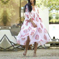 Robe Bohème Légère à Col en V et Taille Cintrée en Coton Indien Imprimé, Longueur Genou, Coupe Ample et Modeste, Personnalisable