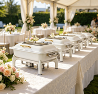Plat à chafing de luxe en acier inoxydable, robuste, blanc, hydraulique, 9L, chauffe-plat à alcool pour buffet de mariage