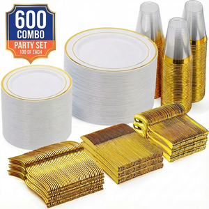 Ensemble de Couverts Jetables en <span class=keywords><strong>Plastique</strong></span> à Bord Doré pour 100 Invités – <span class=keywords><strong>Vaisselle</strong></span> de Fête Élégante pour Dîners - Product Image 1