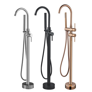 Sistema de ducha independiente de latón negro mate con grifería de cerámica para suelo, mezclador de bañera, grifo, barra deslizante, 1 manija y rociador suave - Product Image 1