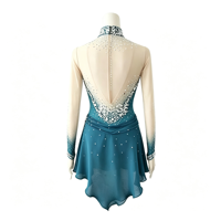Costume de patinage artistique bleu sarcelle, col halter, dos en V profond, robe ornée de strass, manches longues en maille pour filles et adultes, performance sur glace