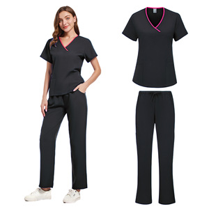 Women's Black Scrub Set Short Sleeve V-Neck With Pink Trim Moisture Wicking Medical Uniform For Dental Clinic Hospital Use - Product Image 2
