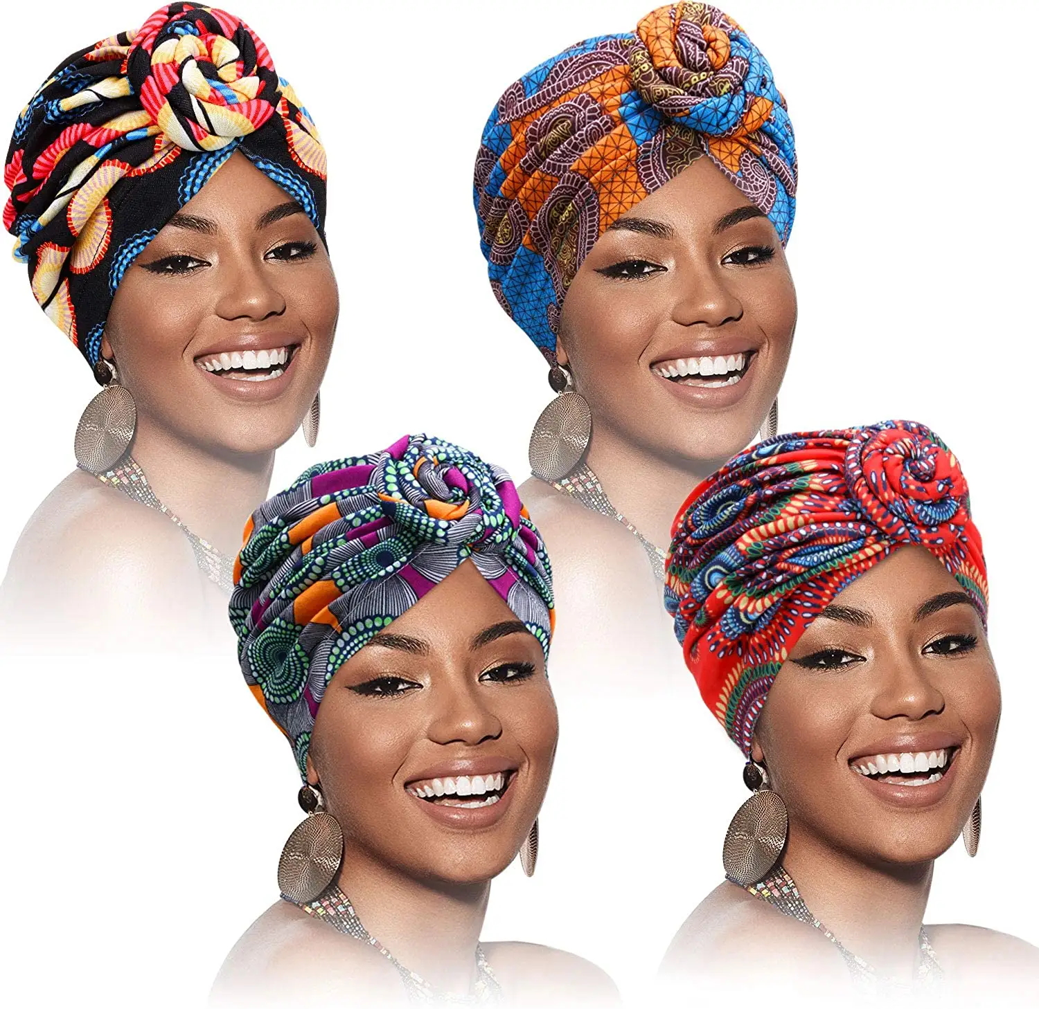 Latest Style African Ankara Pattern Headwrap Hat Pre-Tied Bonnet Knot Turban Hat For Girls