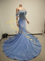 Ocstrade Prêt à expédier - Contactez-nous avant de commander Robe de bal sirène bleu clair scintillante, épaules dénudées, robe de soirée ornée de fleurs 3D et de strass